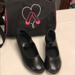 Used girls black tap shoes and carry bag